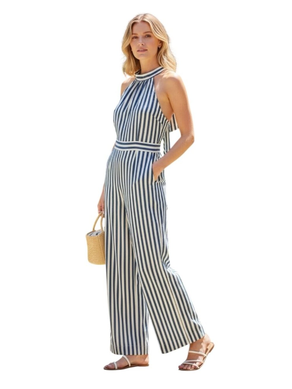 J Crew Womens 4 Blue White Stripe Halter Wide Leg Jumpsuit Back Zip Pockets